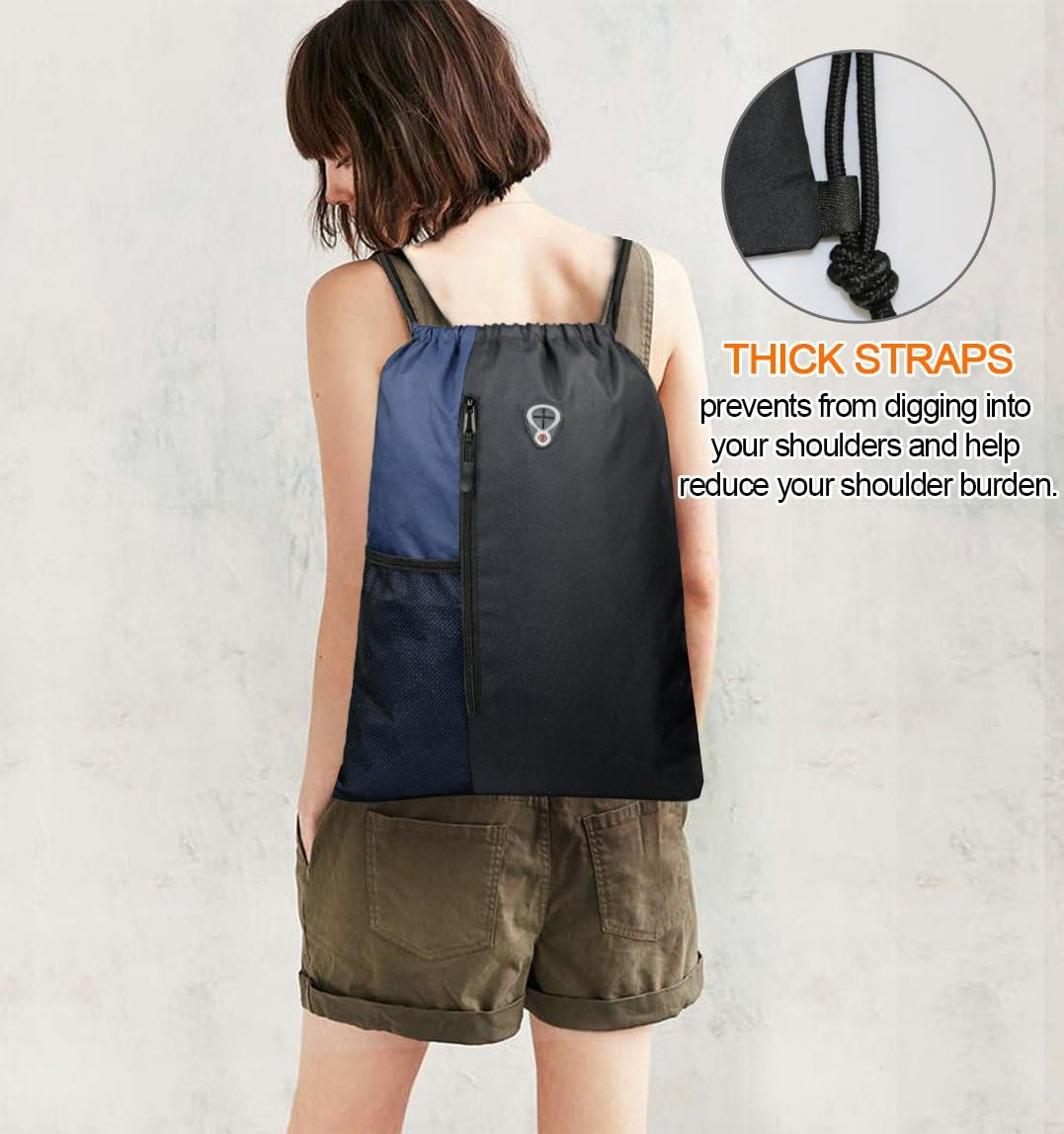 Drawstring Backpack Sports Gym Bag for Women Men Large Size with Two Zipper Pockets and Water Bottle Mesh Pockets