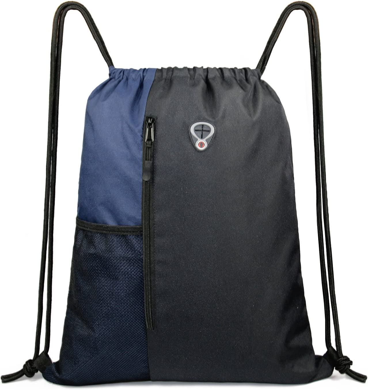 Drawstring Backpack Sports Gym Bag for Women Men Large Size with Two Zipper Pockets and Water Bottle Mesh Pockets