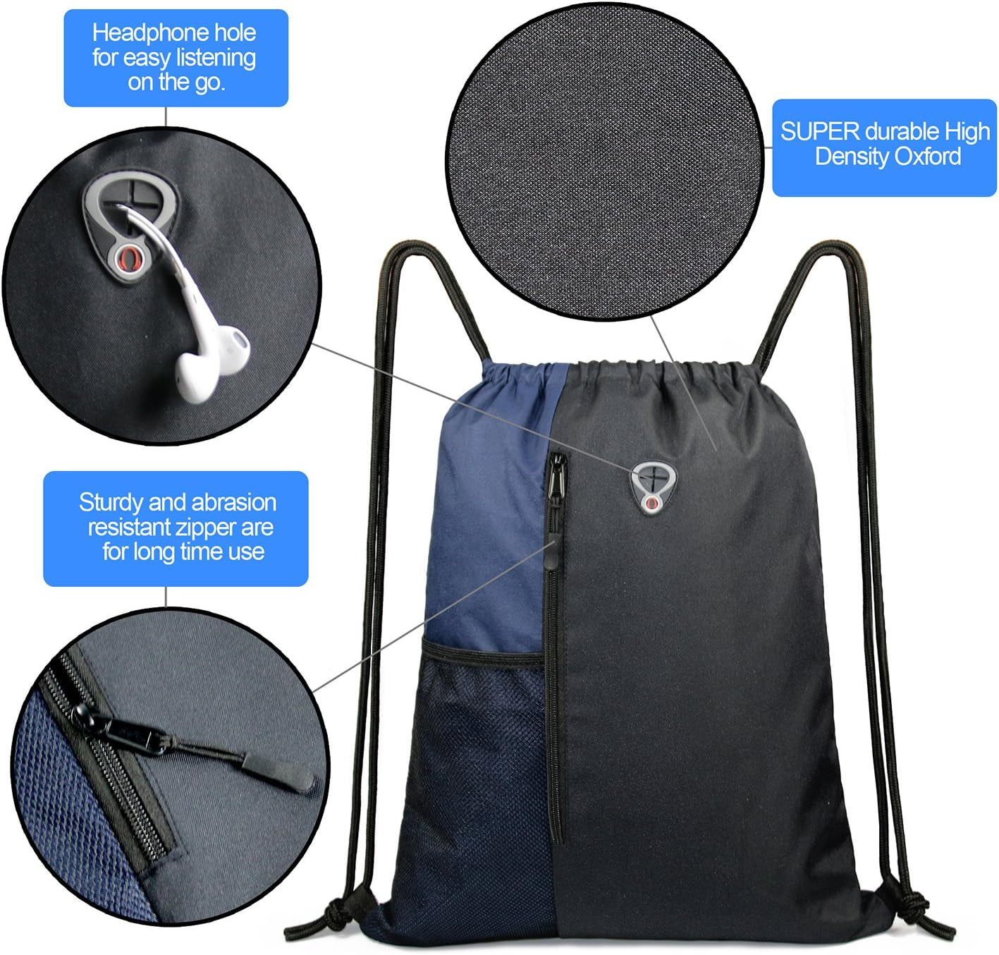Drawstring Backpack Sports Gym Bag for Women Men Large Size with Two Zipper Pockets and Water Bottle Mesh Pockets
