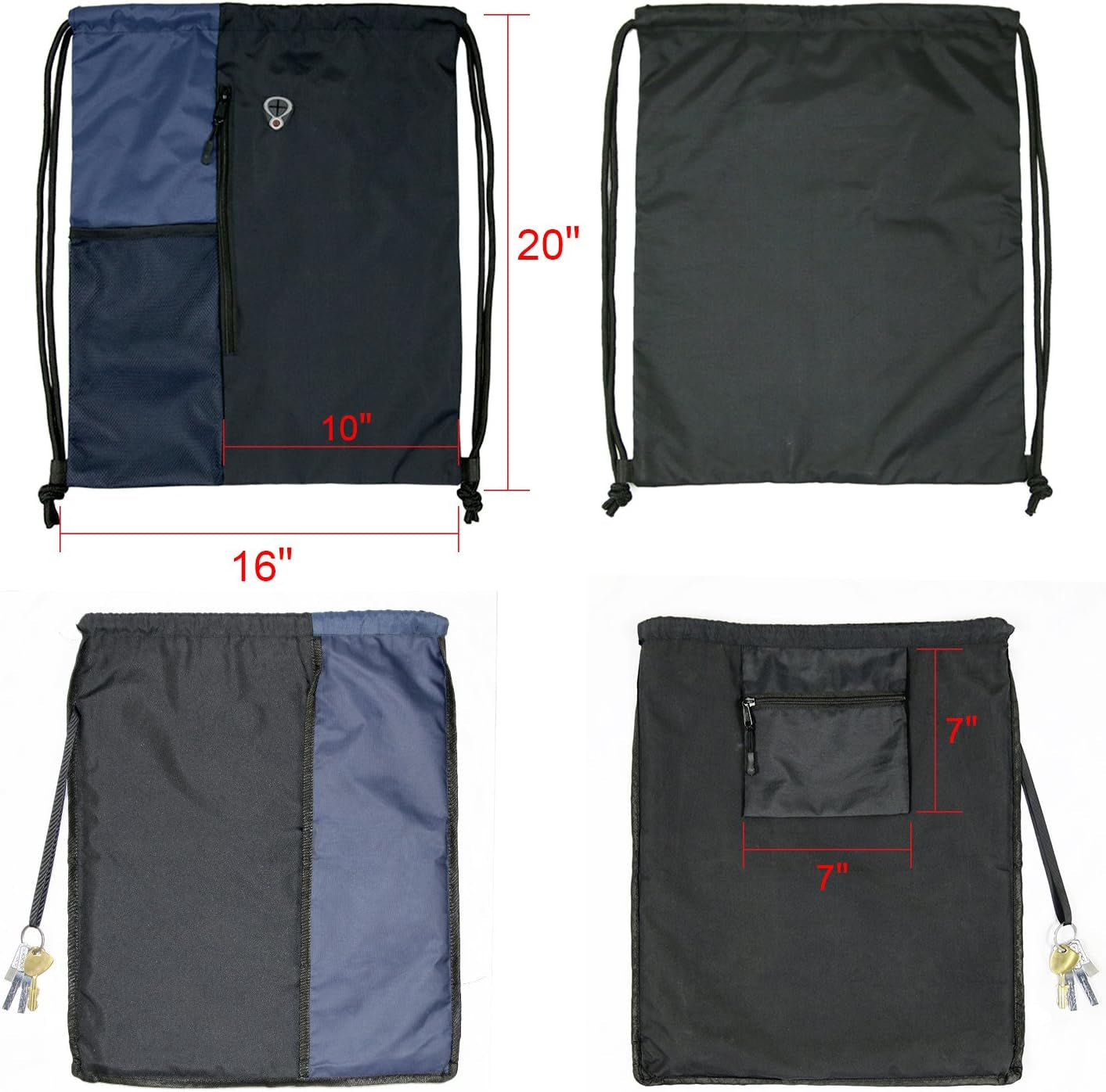 Drawstring Backpack Sports Gym Bag for Women Men Large Size with Two Zipper Pockets and Water Bottle Mesh Pockets